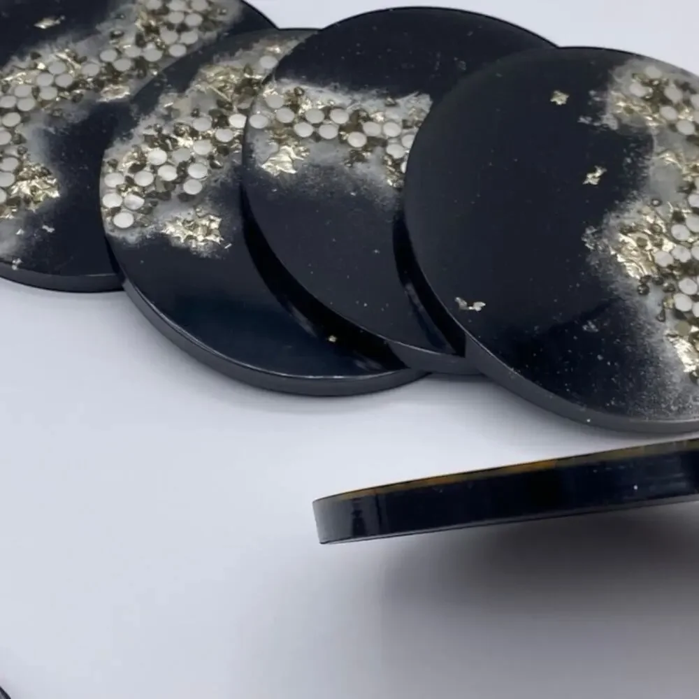 Handmade Black Resin Coasters with Silver Foil & Rhinestones | Set of 6
